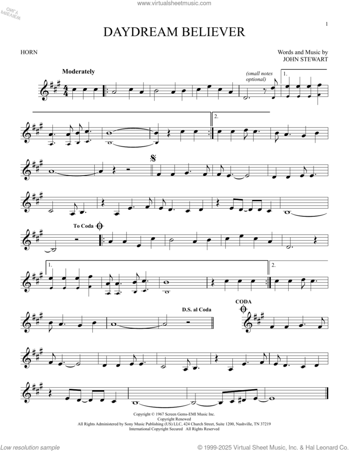 Daydream Believer sheet music for horn solo by The Monkees and John Stewart, intermediate skill level