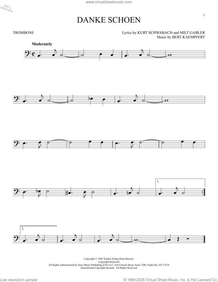 Danke Schoen sheet music for trombone solo by Wayne Newton, Bert Kaempfert, Kurt Schwabach and Milt Gabler, intermediate skill level