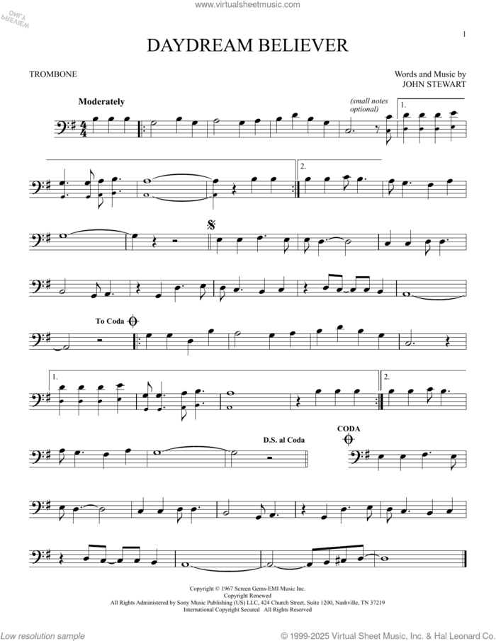 Daydream Believer sheet music for trombone solo by The Monkees and John Stewart, intermediate skill level