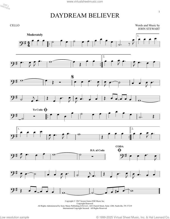 Daydream Believer sheet music for cello solo by The Monkees and John Stewart, intermediate skill level