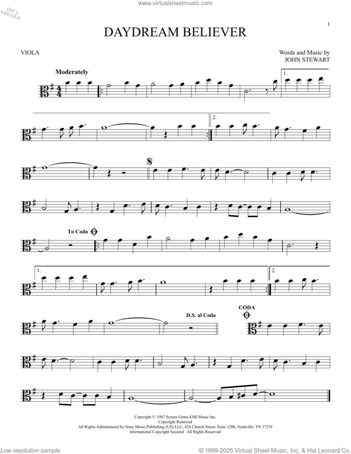 Daydream Believer sheet music for viola solo by The Monkees and John Stewart, intermediate skill level