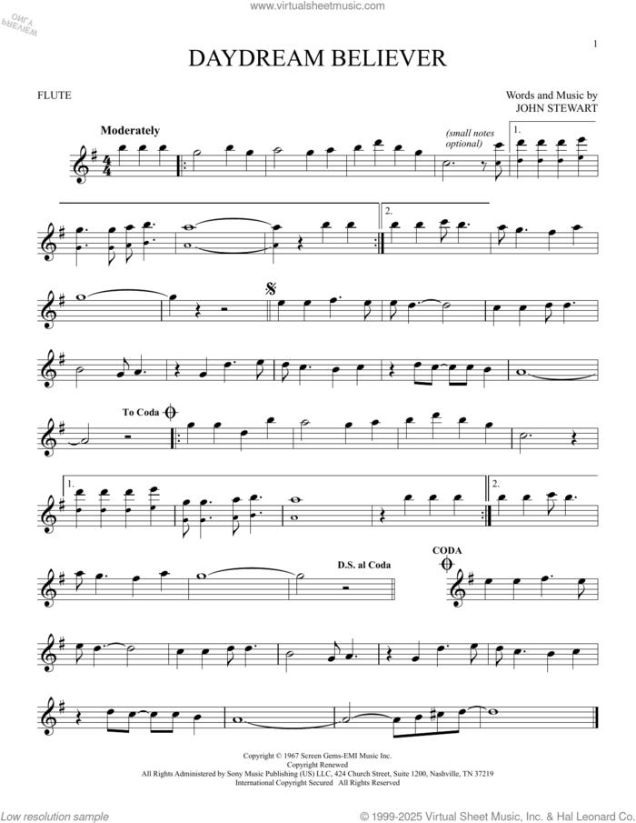 Daydream Believer sheet music for flute solo by The Monkees and John Stewart, intermediate skill level