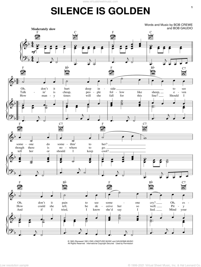 Silence Is Golden sheet music for voice, piano or guitar by Bob Crewe and Bob Gaudio, intermediate skill level