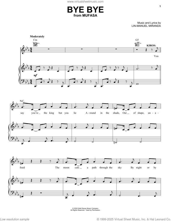 Bye Bye (from Mufasa: The Lion King) sheet music for voice, piano or guitar by Lin-Manuel Miranda, intermediate skill level