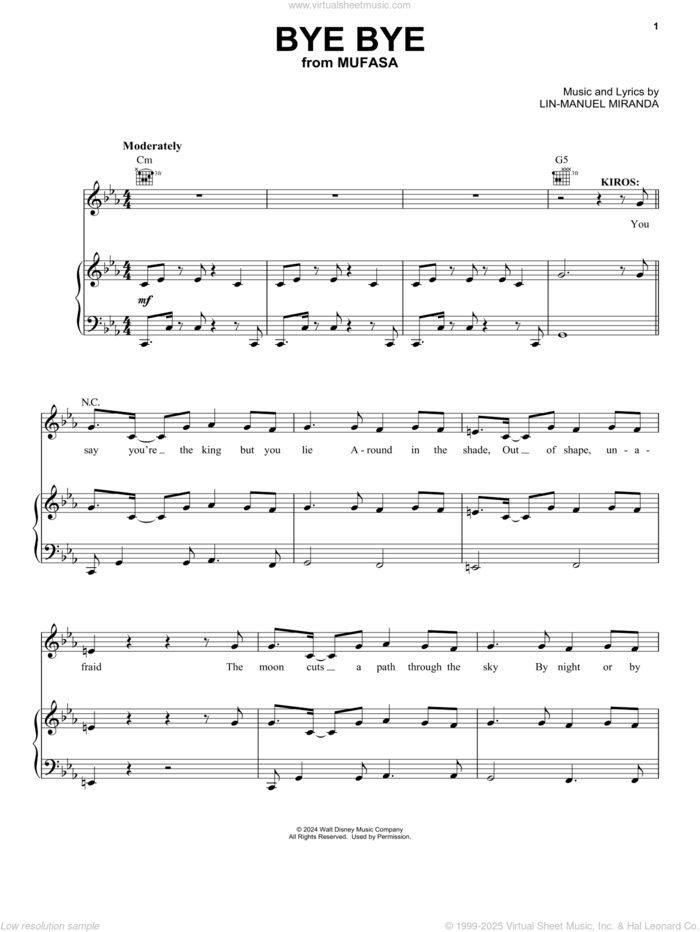 Bye Bye (from Mufasa: The Lion King) sheet music for voice, piano or guitar by Lin-Manuel Miranda, intermediate skill level
