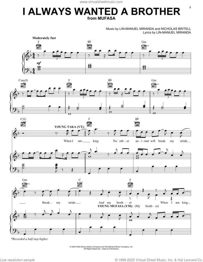 I Always Wanted A Brother (from Mufasa: The Lion King) sheet music for voice, piano or guitar by Lin-Manuel Miranda, Lin-Manuel Miranda and Nicholas Britell and Nicholas Britell, intermediate skill level