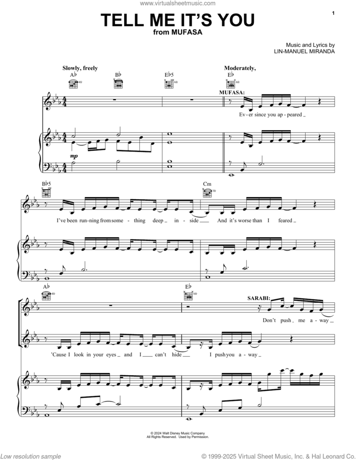 Tell Me It's You (from Mufasa: The Lion King) sheet music for voice, piano or guitar by Lin-Manuel Miranda, intermediate skill level