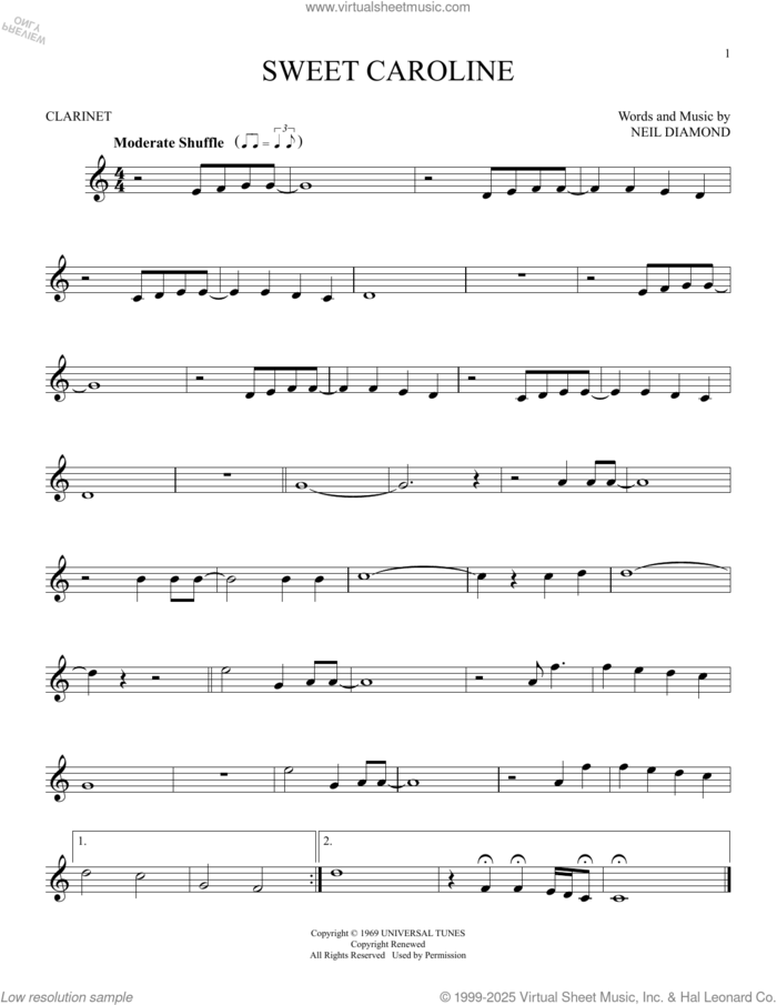 Sweet Caroline sheet music for clarinet solo by Neil Diamond, intermediate skill level