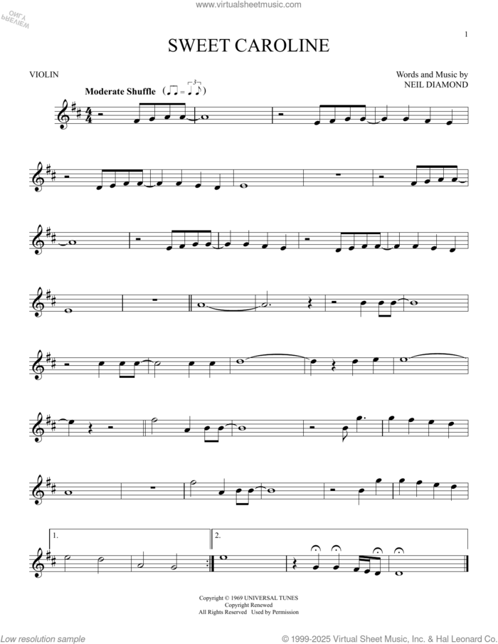 Sweet Caroline sheet music for violin solo by Neil Diamond, intermediate skill level