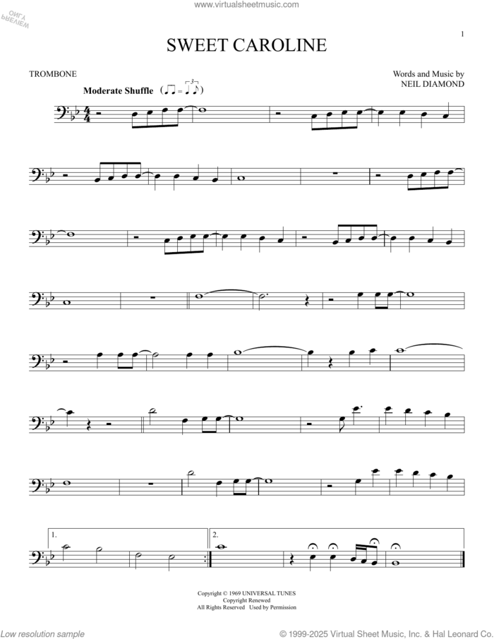 Sweet Caroline sheet music for trombone solo by Neil Diamond, intermediate skill level