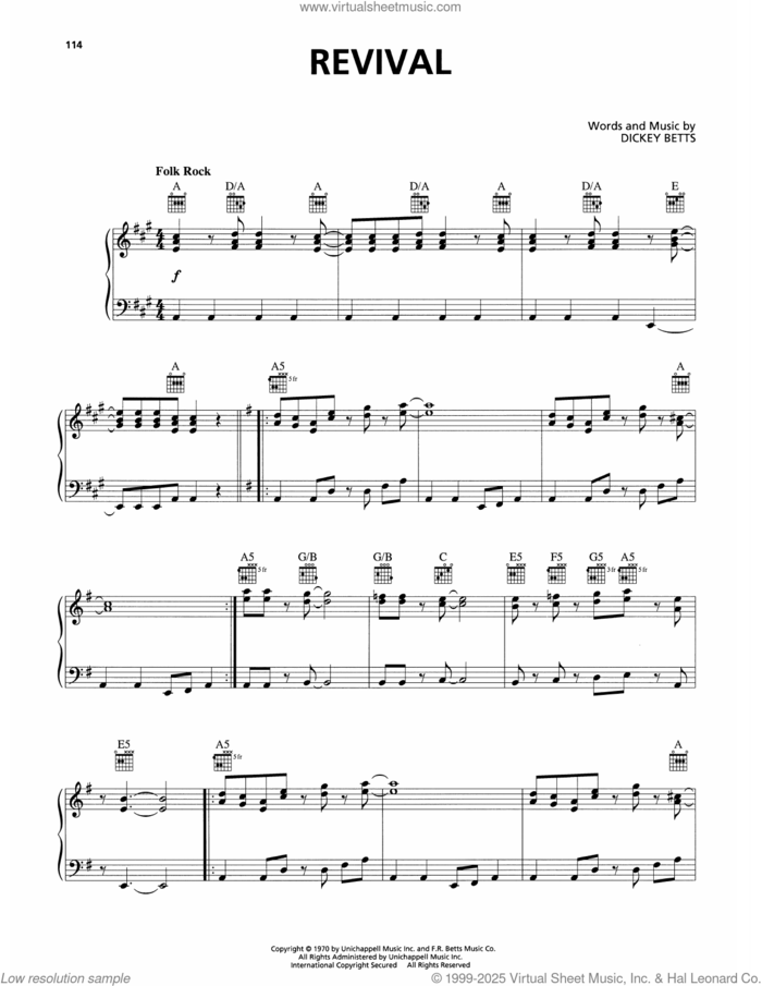 Revival sheet music for voice, piano or guitar by Allman Brothers and Dickey Betts, intermediate skill level