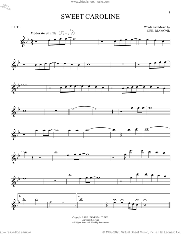 Sweet Caroline sheet music for flute solo by Neil Diamond, intermediate skill level