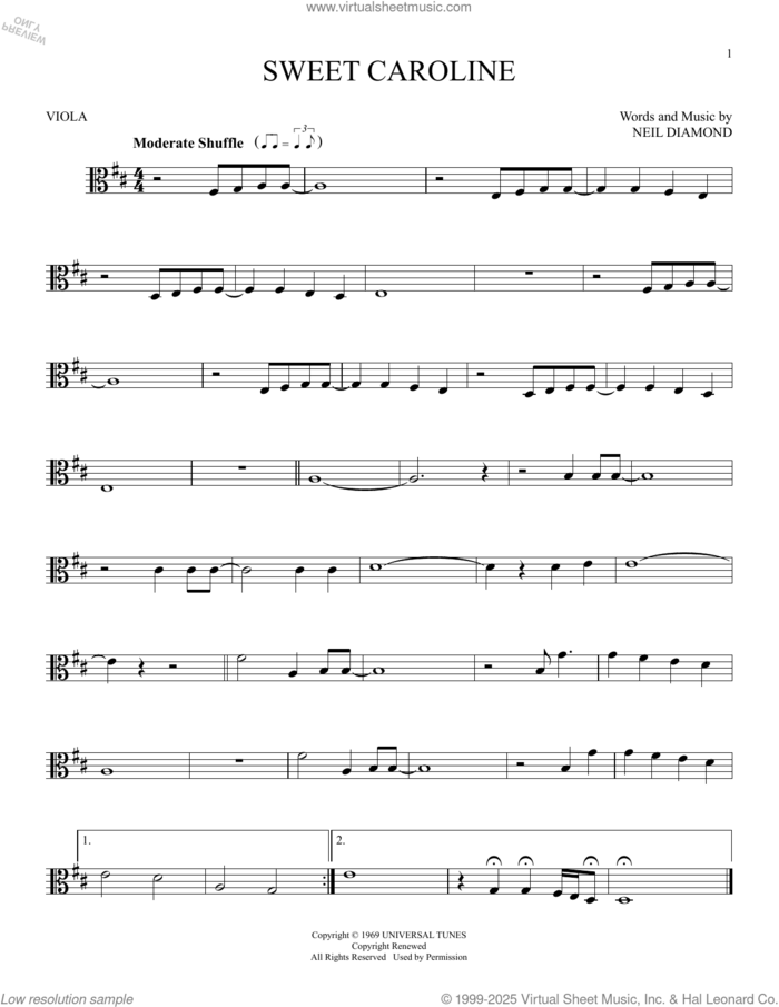 Sweet Caroline sheet music for viola solo by Neil Diamond, intermediate skill level