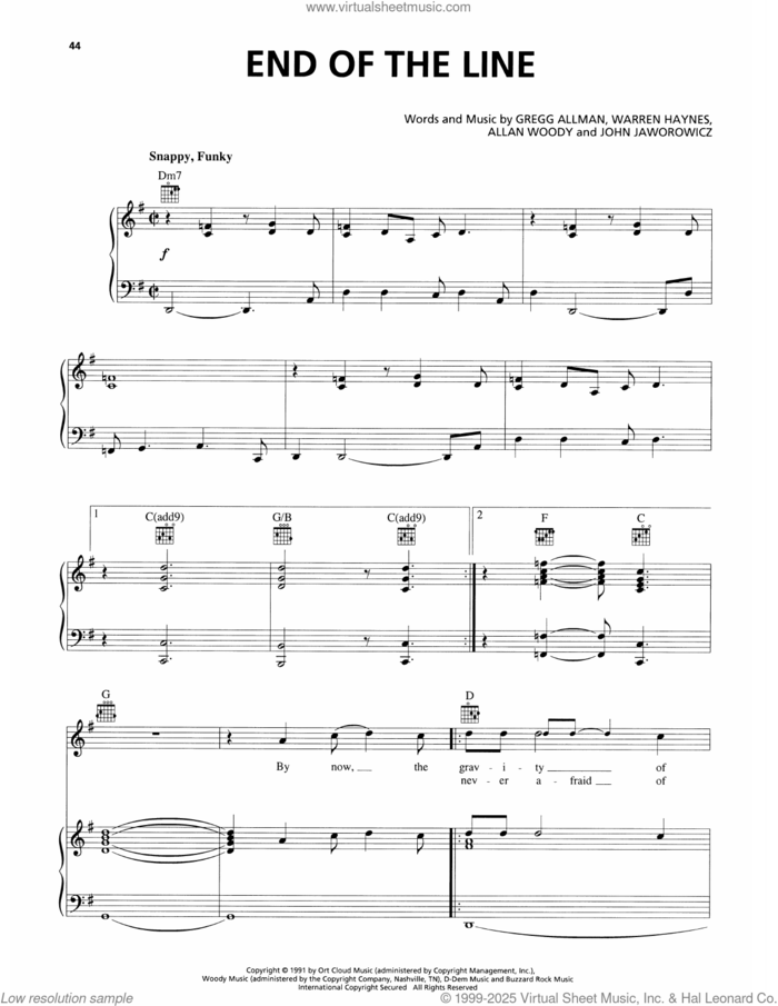 End Of The Line sheet music for voice, piano or guitar by Allman Brothers, Allen Woody, Gregg Allman, John Jaworowicz and Warren Haynes, intermediate skill level