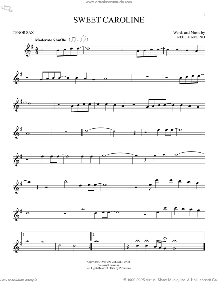 Sweet Caroline sheet music for tenor saxophone solo by Neil Diamond, intermediate skill level