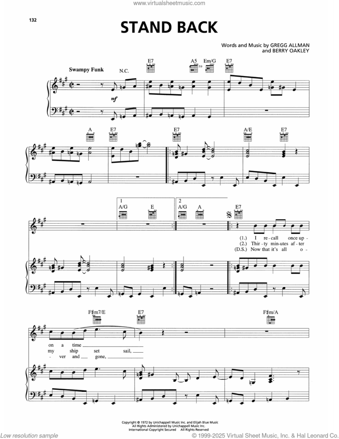 Stand Back sheet music for voice, piano or guitar by The Allman Brothers Band, Berry Oakley and Gregg Allman, intermediate skill level