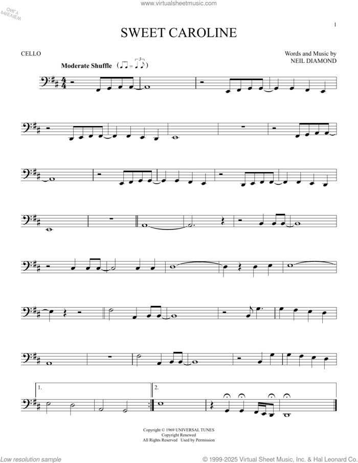 Sweet Caroline sheet music for cello solo by Neil Diamond, intermediate skill level