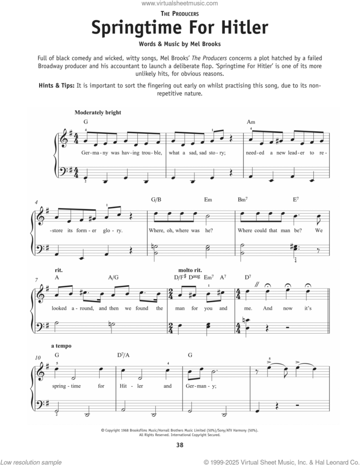 Springtime For Hitler (from The Producers) sheet music for piano solo by Mel Brooks, classical score, beginner skill level