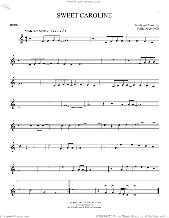 Sweet Caroline sheet music for horn solo by Neil Diamond, intermediate skill level