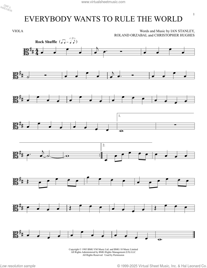 Everybody Wants To Rule The World sheet music for viola solo by Tears For Fears, Christopher Hughes, Ian Stanley and Roland Orzabal, intermediate skill level