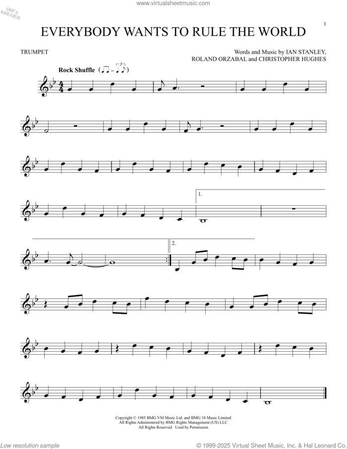 Everybody Wants To Rule The World sheet music for trumpet solo by Tears For Fears, Christopher Hughes, Ian Stanley and Roland Orzabal, intermediate skill level