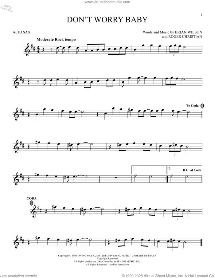 Don't Worry Baby sheet music for alto saxophone solo by The Beach Boys, Brian Wilson and Roger Christian, intermediate skill level