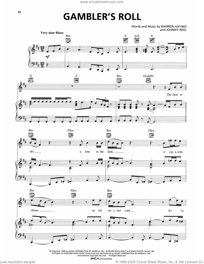 Gambler's Roll sheet music for voice, piano or guitar by The Allman Brothers Band, Johnny Neel and Warren Haynes, intermediate skill level