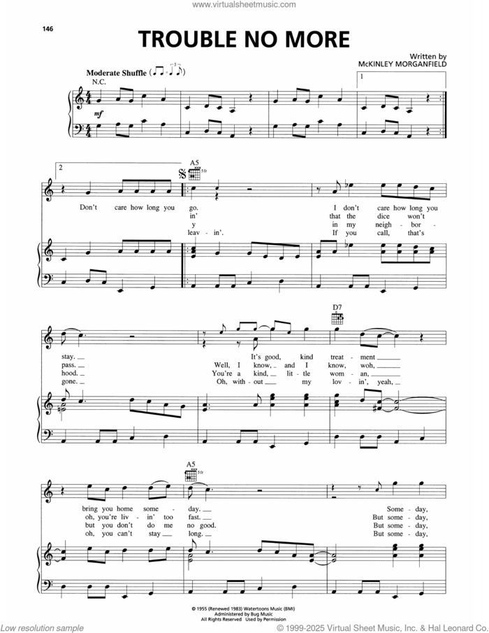 Trouble No More (Someday Baby) sheet music for voice, piano or guitar by Allman Brothers and McKinley Morganfield, intermediate skill level