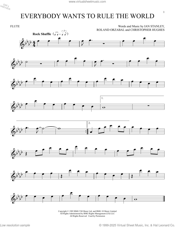 Everybody Wants To Rule The World sheet music for flute solo by Tears For Fears, Christopher Hughes, Ian Stanley and Roland Orzabal, intermediate skill level