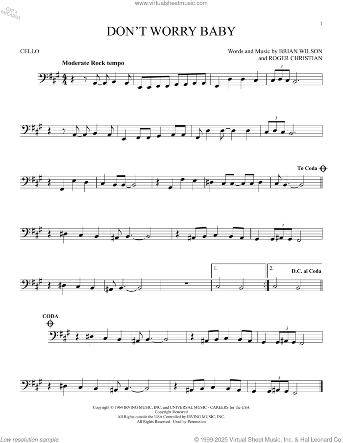 Don't Worry Baby sheet music for cello solo by The Beach Boys, Brian Wilson and Roger Christian, intermediate skill level