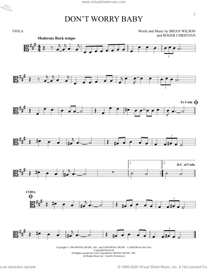 Don't Worry Baby sheet music for viola solo by The Beach Boys, Brian Wilson and Roger Christian, intermediate skill level