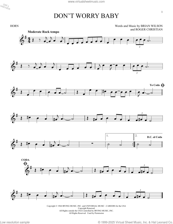 Don't Worry Baby sheet music for horn solo by The Beach Boys, Brian Wilson and Roger Christian, intermediate skill level