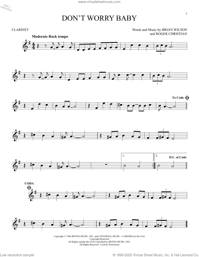 Don't Worry Baby sheet music for clarinet solo by The Beach Boys, Brian Wilson and Roger Christian, intermediate skill level