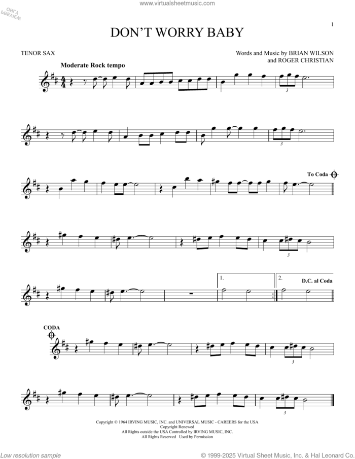 Don't Worry Baby sheet music for tenor saxophone solo by The Beach Boys, Brian Wilson and Roger Christian, intermediate skill level