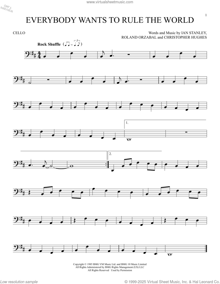 Everybody Wants To Rule The World sheet music for cello solo by Tears For Fears, Christopher Hughes, Ian Stanley and Roland Orzabal, intermediate skill level