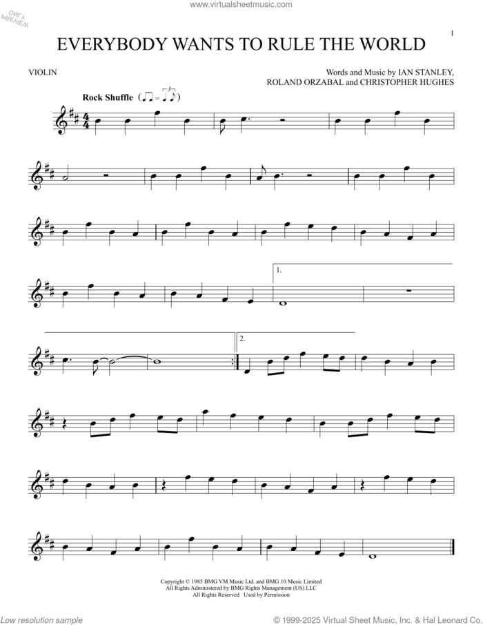 Everybody Wants To Rule The World sheet music for violin solo by Tears For Fears, Christopher Hughes, Ian Stanley and Roland Orzabal, intermediate skill level