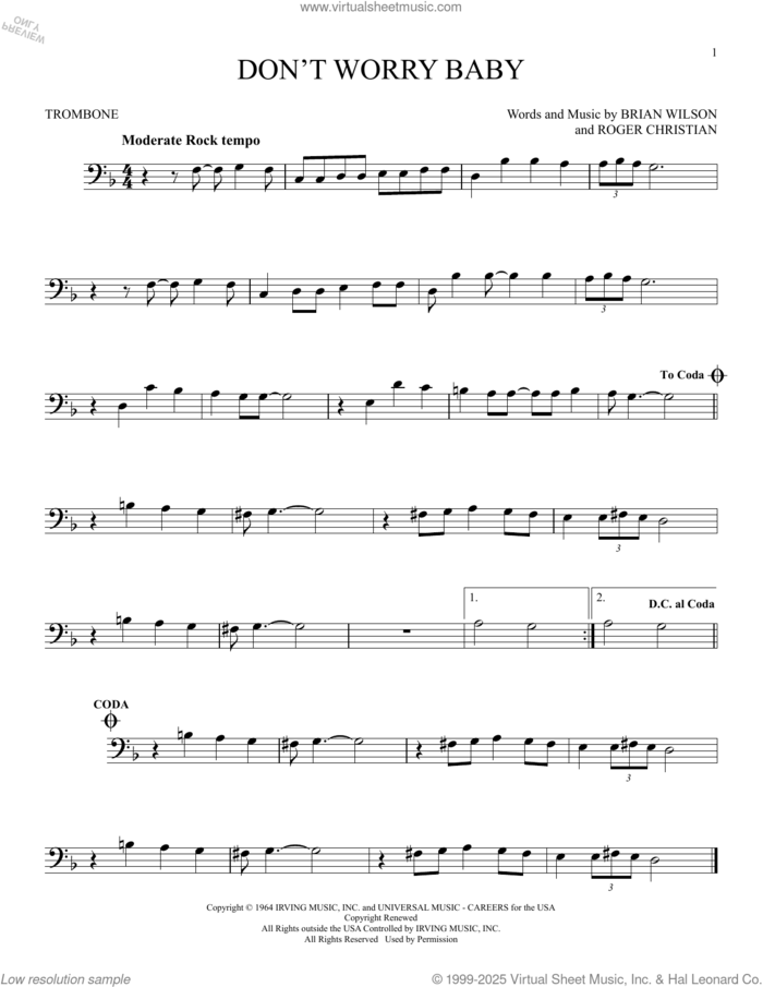 Don't Worry Baby sheet music for trombone solo by The Beach Boys, Brian Wilson and Roger Christian, intermediate skill level