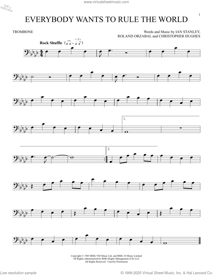 Everybody Wants To Rule The World sheet music for trombone solo by Tears For Fears, Christopher Hughes, Ian Stanley and Roland Orzabal, intermediate skill level