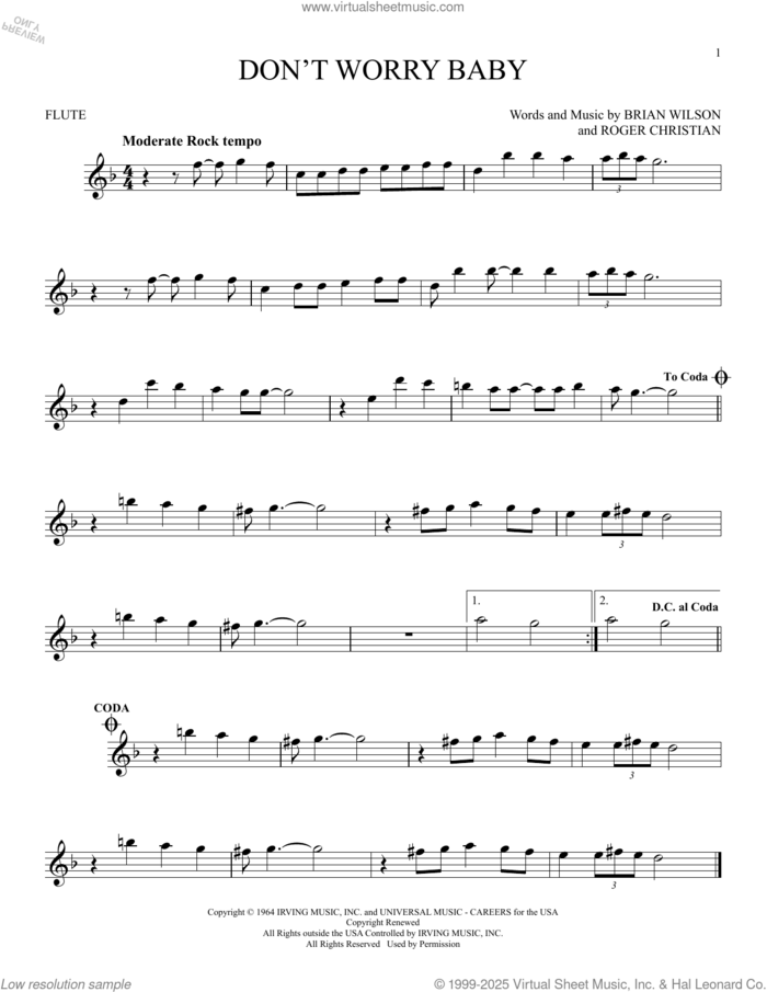 Don't Worry Baby sheet music for flute solo by The Beach Boys, Brian Wilson and Roger Christian, intermediate skill level