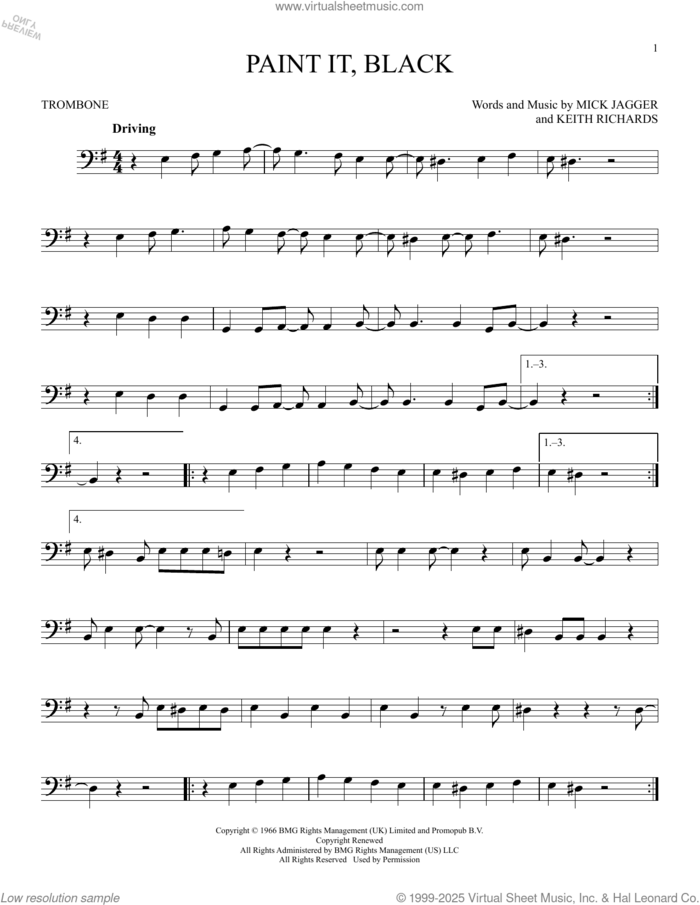 Paint It, Black sheet music for trombone solo by The Rolling Stones, Keith Richards and Mick Jagger, intermediate skill level