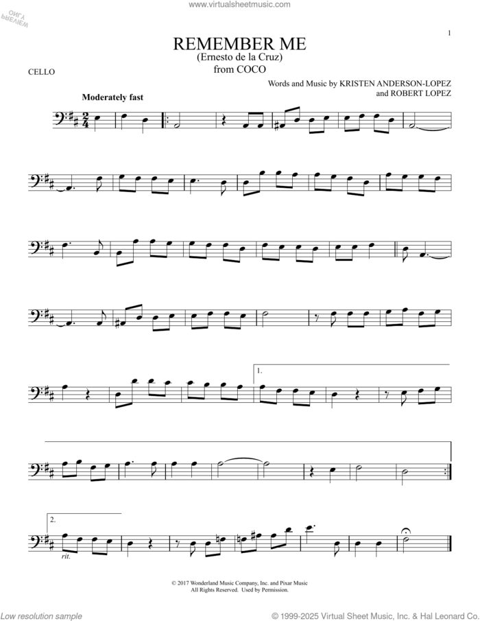 Remember Me (Ernesto de la Cruz) (from Coco) sheet music for cello solo by Robert Lopez, Kristen Anderson-Lopez and Kristen Anderson-Lopez & Robert Lopez, intermediate skill level