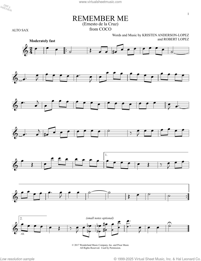 Remember Me (Ernesto de la Cruz) (from Coco) sheet music for alto saxophone solo by Robert Lopez, Kristen Anderson-Lopez and Kristen Anderson-Lopez & Robert Lopez, intermediate skill level