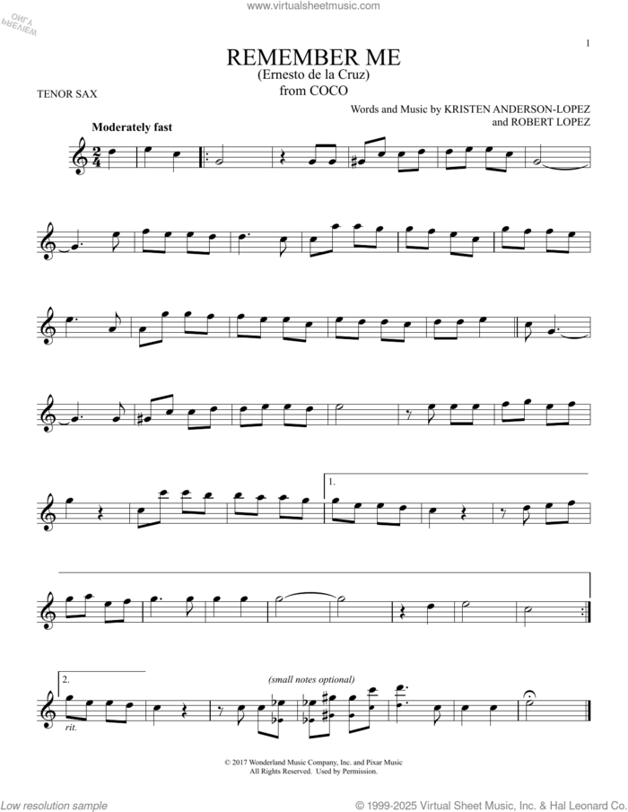 Remember Me (Ernesto de la Cruz) (from Coco) sheet music for tenor saxophone solo by Robert Lopez, Kristen Anderson-Lopez and Kristen Anderson-Lopez & Robert Lopez, intermediate skill level