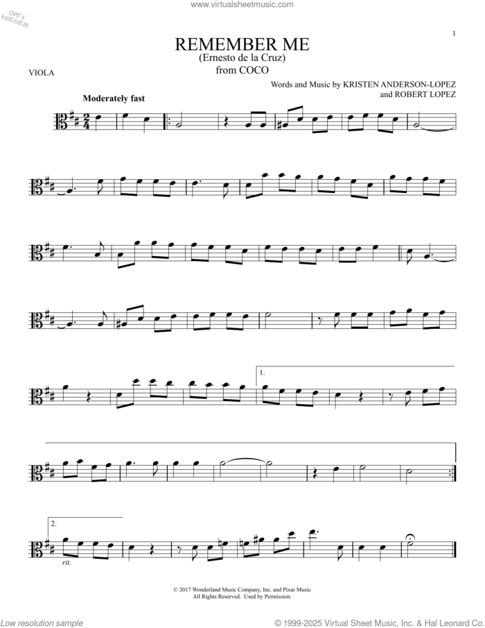 Remember Me (Ernesto de la Cruz) (from Coco) sheet music for viola solo by Robert Lopez, Kristen Anderson-Lopez and Kristen Anderson-Lopez & Robert Lopez, intermediate skill level