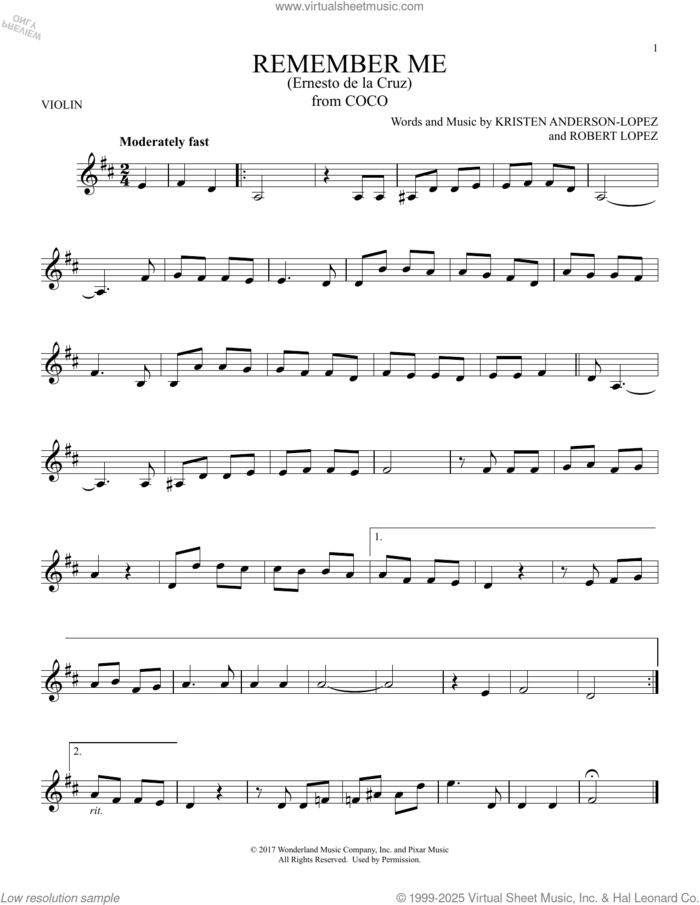 Remember Me (Ernesto de la Cruz) (from Coco) sheet music for violin solo by Robert Lopez, Kristen Anderson-Lopez and Kristen Anderson-Lopez & Robert Lopez, intermediate skill level