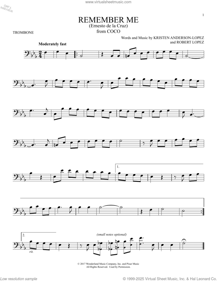 Remember Me (Ernesto de la Cruz) (from Coco) sheet music for trombone solo by Robert Lopez, Kristen Anderson-Lopez and Kristen Anderson-Lopez & Robert Lopez, intermediate skill level