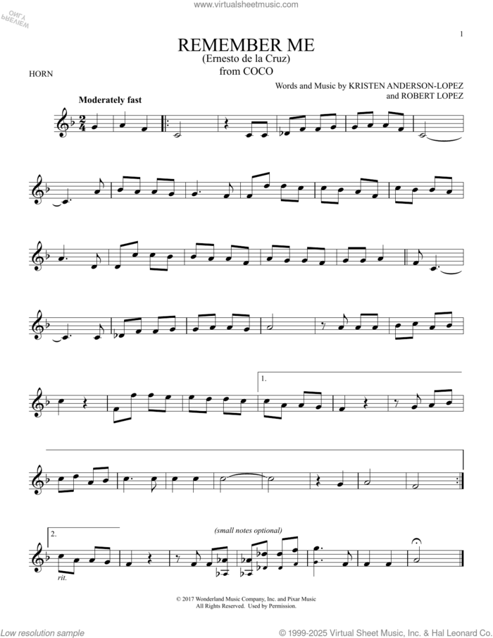 Remember Me (Ernesto de la Cruz) (from Coco) sheet music for horn solo by Robert Lopez, Kristen Anderson-Lopez and Kristen Anderson-Lopez & Robert Lopez, intermediate skill level