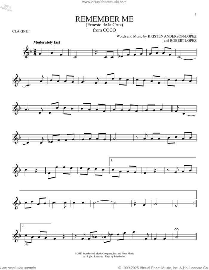 Remember Me (Ernesto de la Cruz) (from Coco) sheet music for clarinet solo by Robert Lopez, Kristen Anderson-Lopez and Kristen Anderson-Lopez & Robert Lopez, intermediate skill level