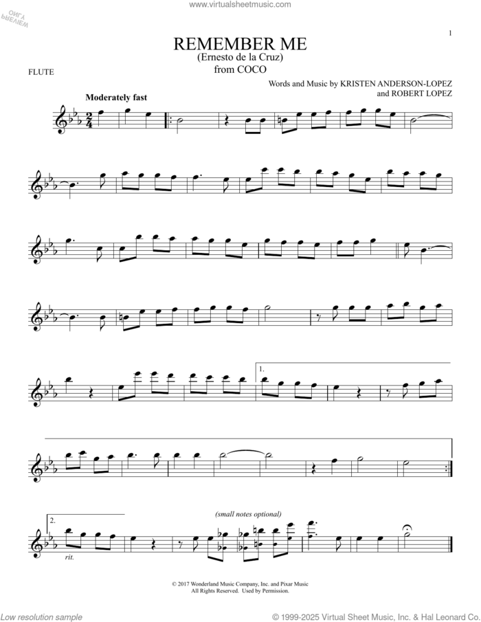 Remember Me (Ernesto de la Cruz) (from Coco) sheet music for flute solo by Robert Lopez, Kristen Anderson-Lopez and Kristen Anderson-Lopez & Robert Lopez, intermediate skill level