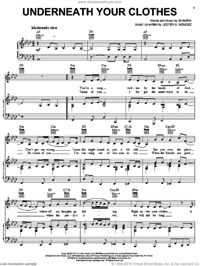 Underneath Your Clothes sheet music for voice, piano or guitar by Shakira and Lester Mendez, intermediate skill level